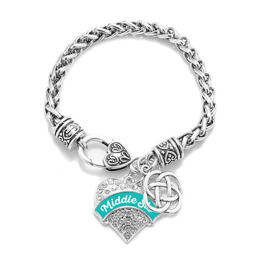 Silver Teal Middle Sis Celtic Knot Pave Heart Charm Braided Bracelet