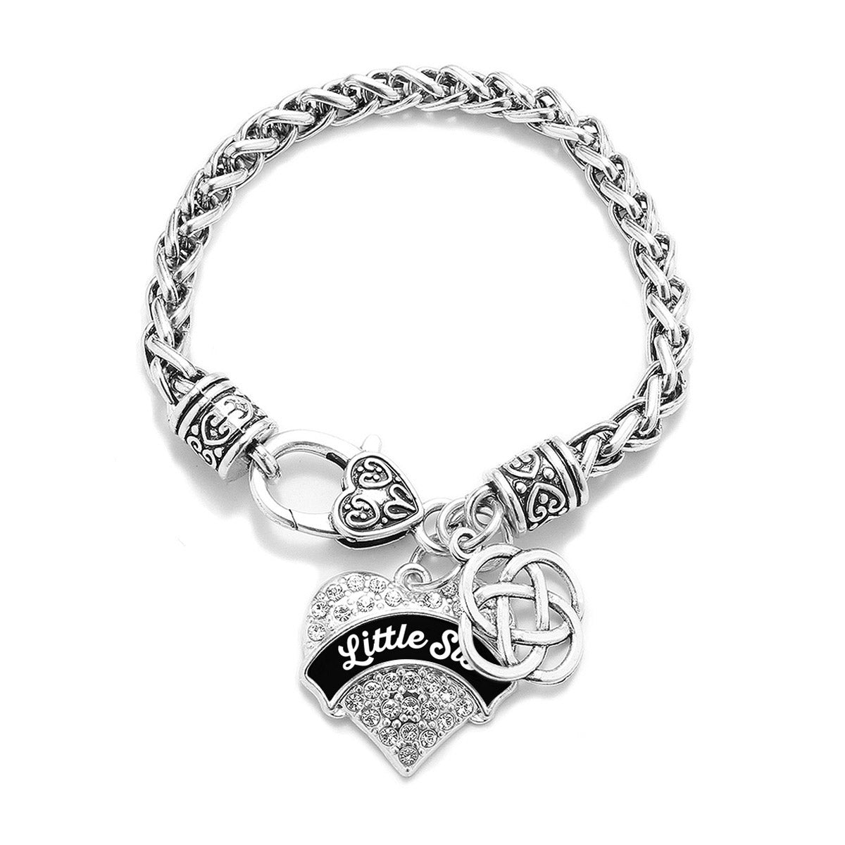 Silver Black and White Little Sis Celtic Knot Pave Heart Charm Braided Bracelet