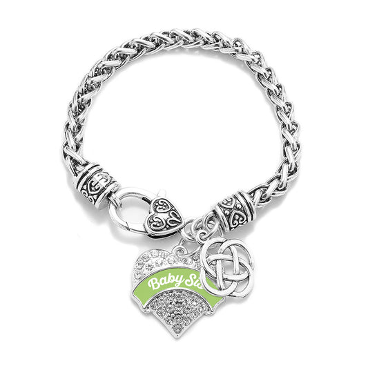 Silver Sage Green Baby Sis Celtic Knot Pave Heart Charm Braided Bracelet