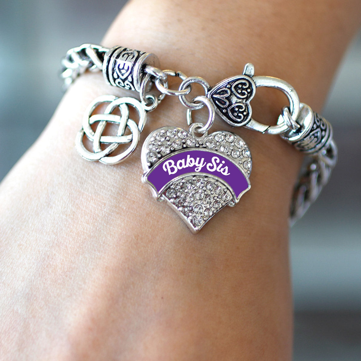 Silver Purple Baby Sis Celtic Knot Pave Heart Charm Braided Bracelet