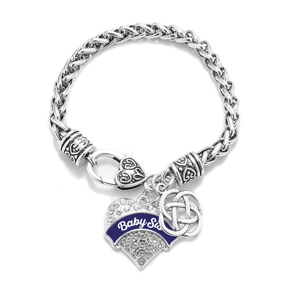 Silver Navy Blue Baby Sis Celtic Knot Pave Heart Charm Braided Bracelet