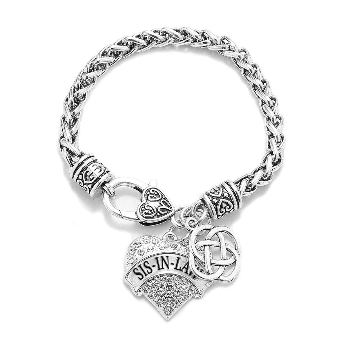 Silver Sis-in-Law Celtic Knot Pave Heart Charm Braided Bracelet