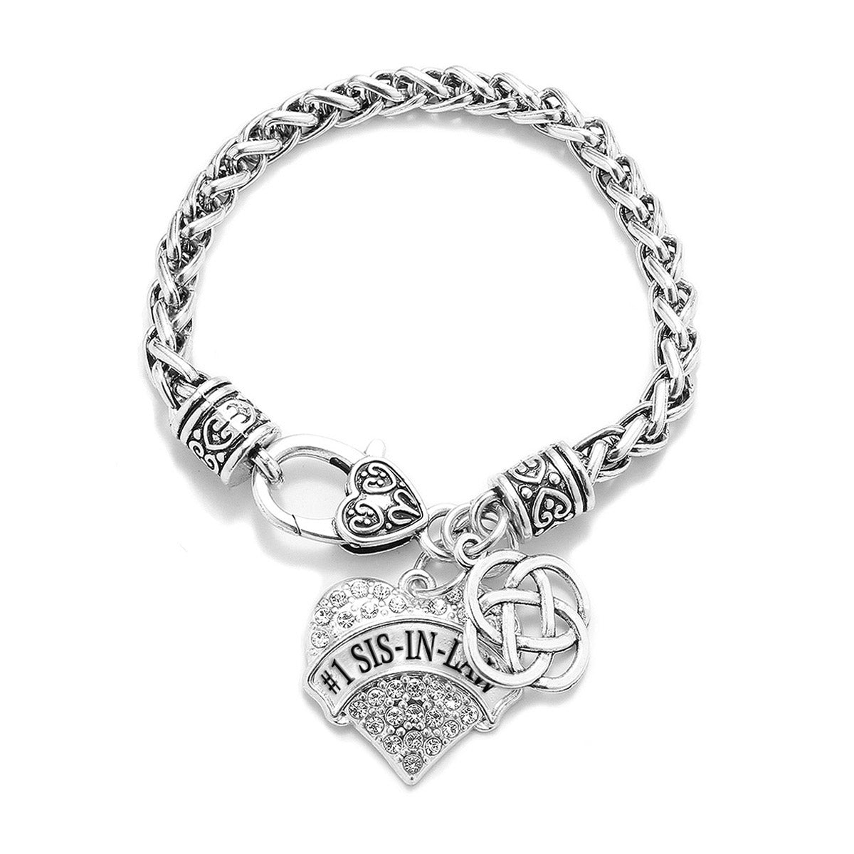 Silver #1 Sis-in-Law Celtic Knot Pave Heart Charm Braided Bracelet