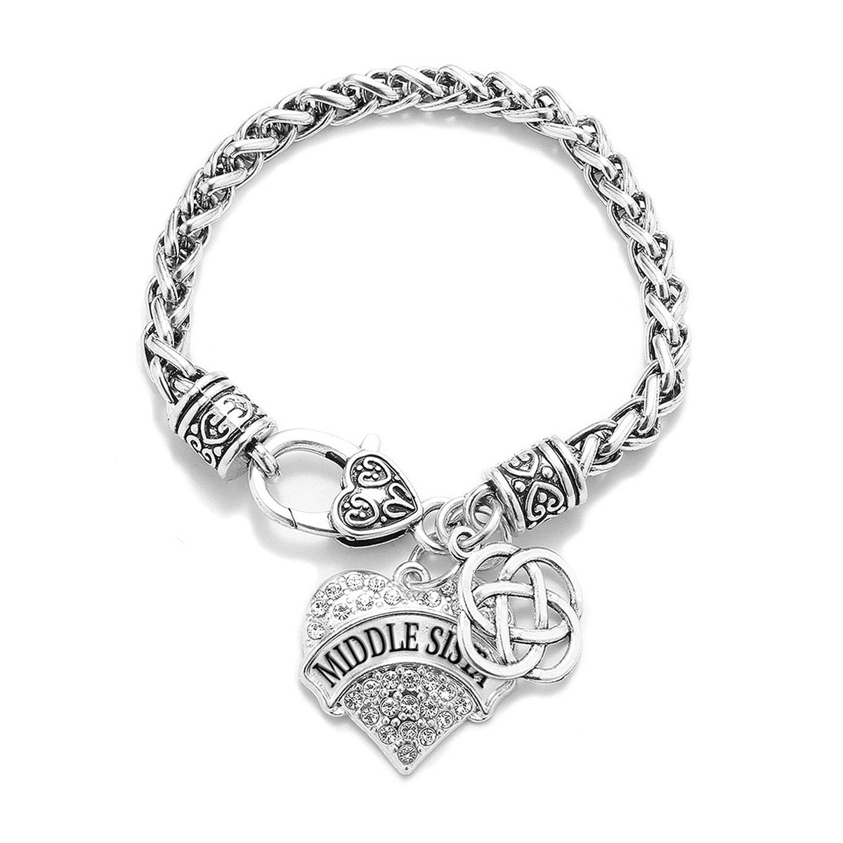 Silver Middle Sista Celtic Knot Pave Heart Charm Braided Bracelet