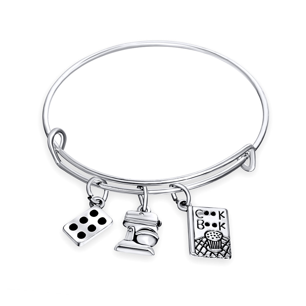 Silver Cook Book Charm Wire Bangle Bracelet