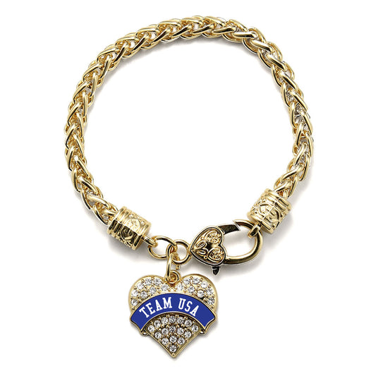 Gold Team USA - Blue Banner Pave Heart Charm Braided Bracelet
