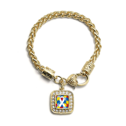 Gold Autism Jigsaw Puzzle Square Charm Braided Bracelet