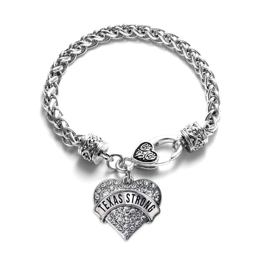 Silver Texas Strong Pave Heart Charm Braided Bracelet