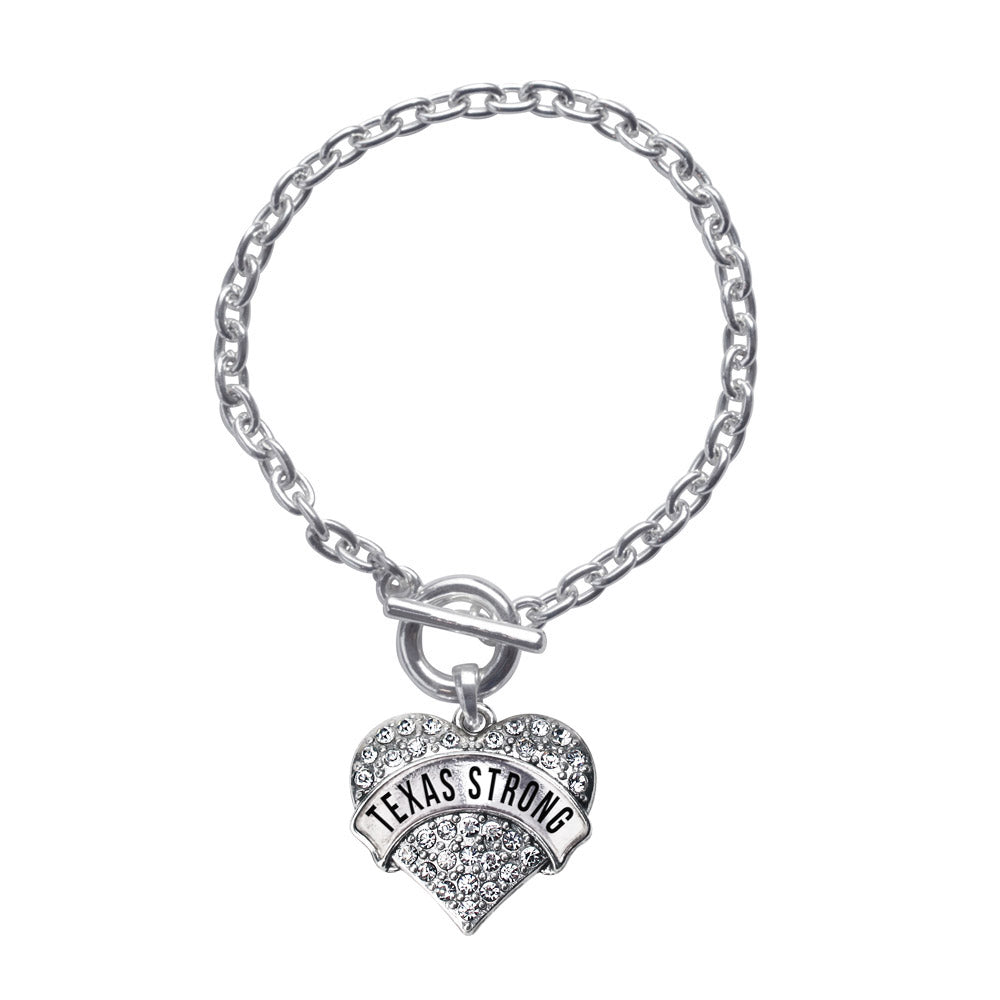 Silver Texas Strong Pave Heart Charm Toggle Bracelet