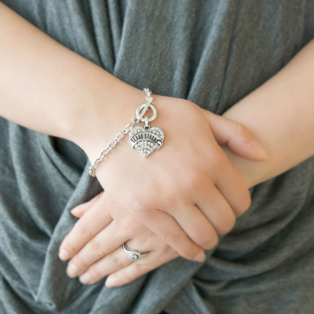 Silver Texas Strong Pave Heart Charm Toggle Bracelet