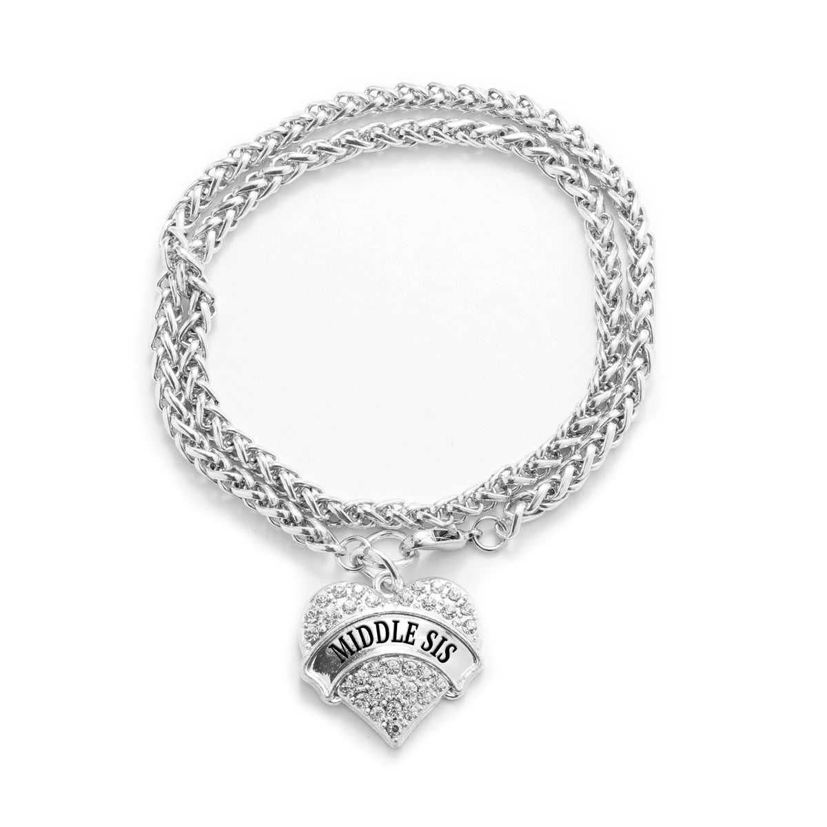 Silver Middle Sis Pave Heart Charm Wrap Bracelet