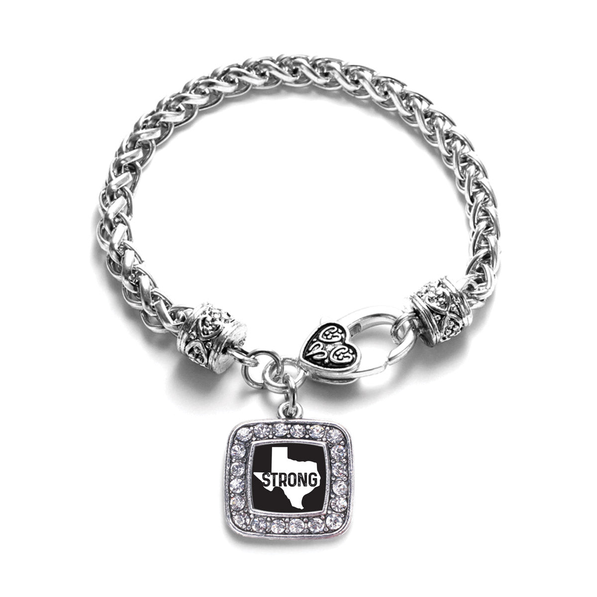 Silver Texas Strong - State Silhouette Black and White Square Charm Braided Bracelet