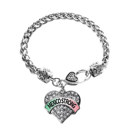 Silver Mexico Strong Pave Heart Charm Braided Bracelet