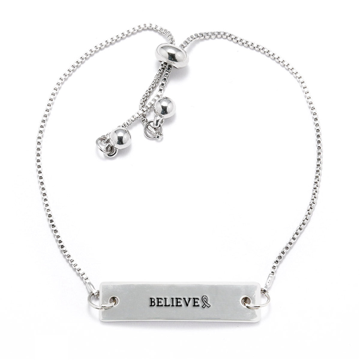 Silver Believe Ribbon Adjustable Bar Bracelet