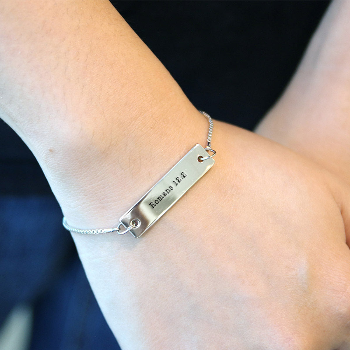 Silver Romans 12:2 Adjustable Bar Bracelet
