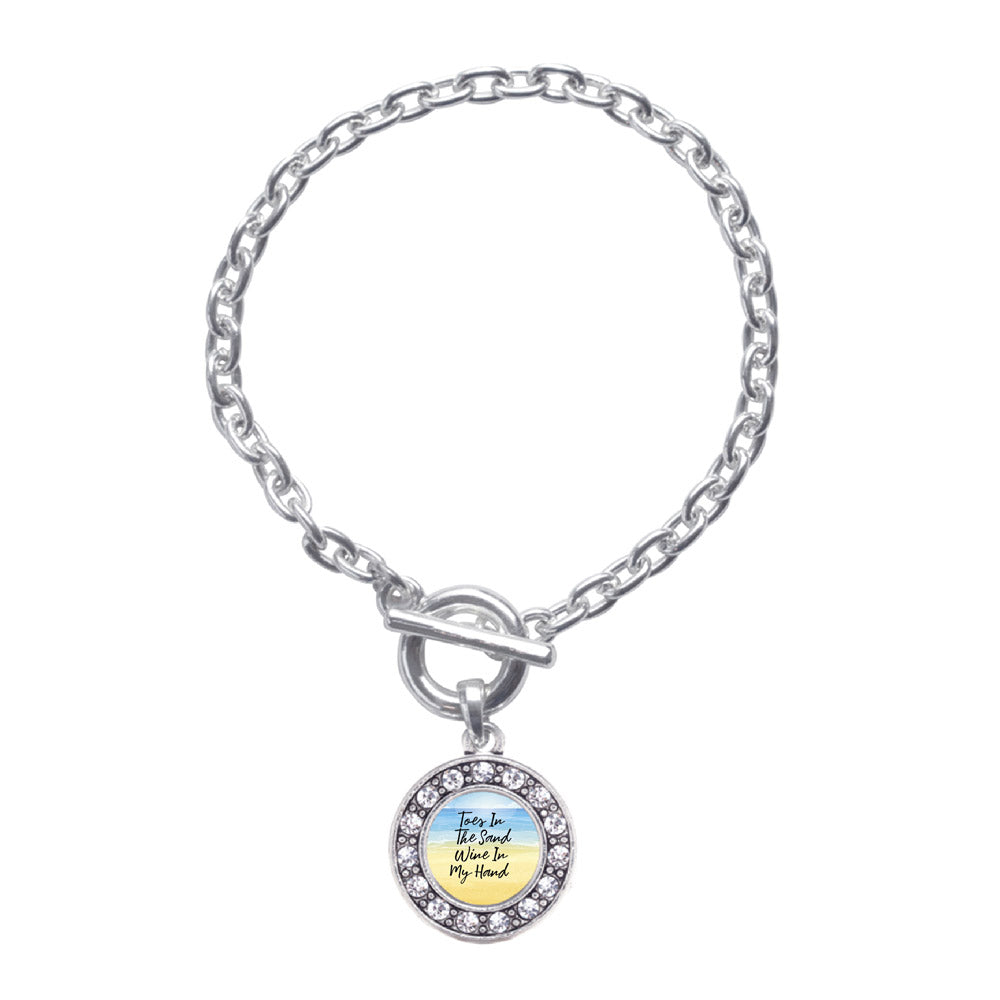 Silver Toes in the Sand, Wine in My Hand Circle Charm Toggle Bracelet