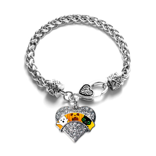 Silver Cute Halloween Trio Pave Heart Charm Braided Bracelet