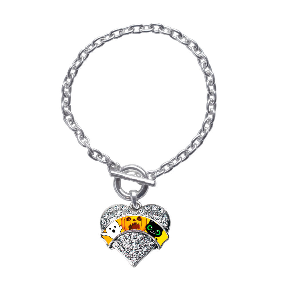 Silver Cute Halloween Trio Pave Heart Charm Toggle Bracelet