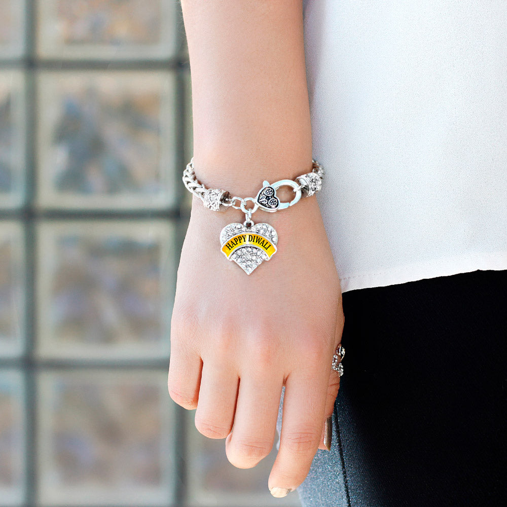 Silver Happy Diwali Pave Heart Charm Braided Bracelet