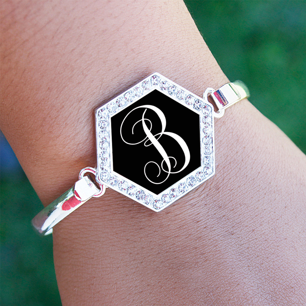 Silver Monogram - B Hexagon Charm Bangle Bracelet