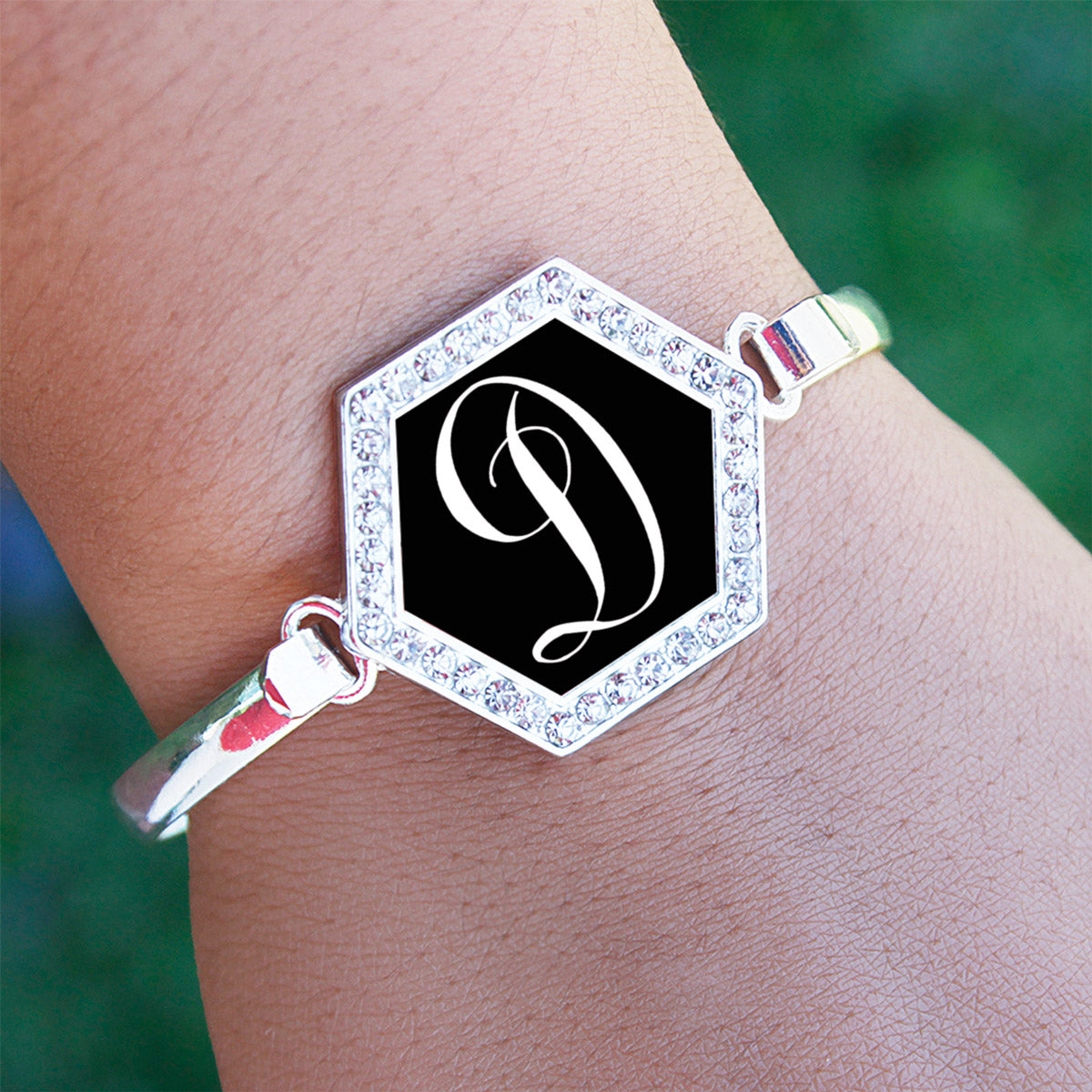 Silver Monogram - D Hexagon Charm Bangle Bracelet