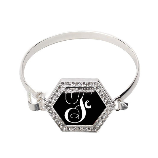 Silver Monogram - F Hexagon Charm Bangle Bracelet