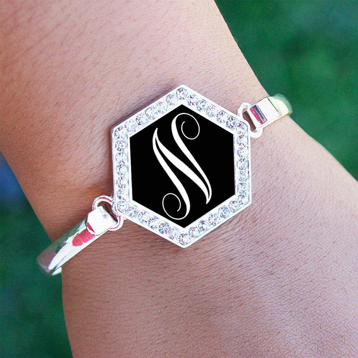 Silver Monogram - N Hexagon Charm Bangle Bracelet