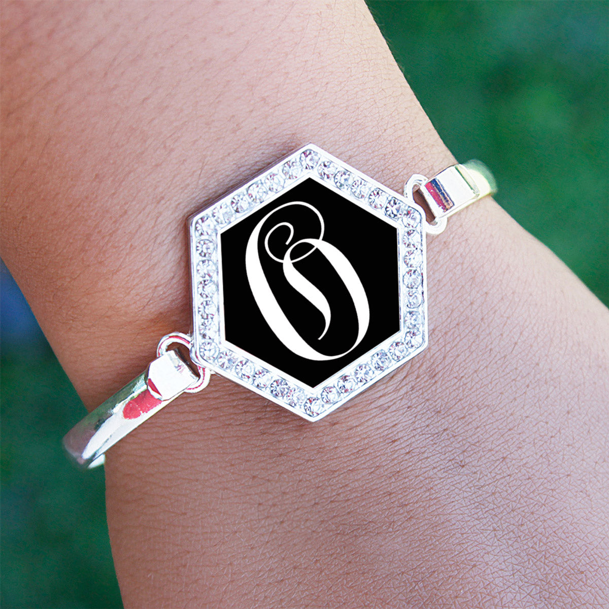 Silver Monogram - O Hexagon Charm Bangle Bracelet