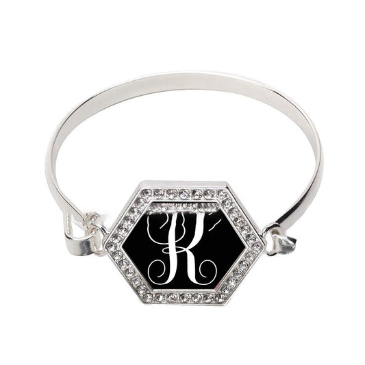 Silver Monogram - R Hexagon Charm Bangle Bracelet