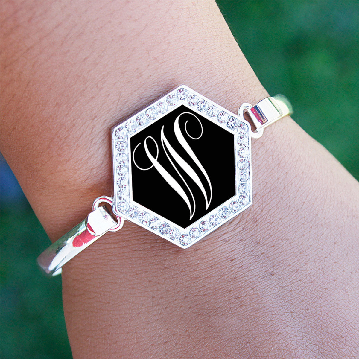 Silver Monogram - W Hexagon Charm Bangle Bracelet