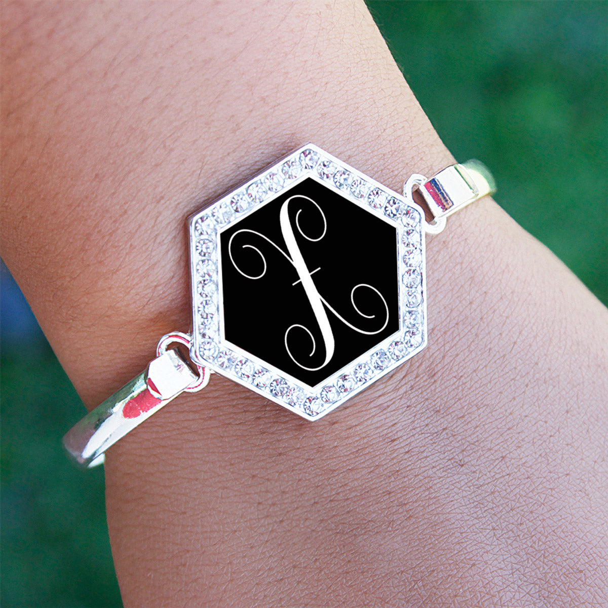 Silver Monogram - X Hexagon Charm Bangle Bracelet