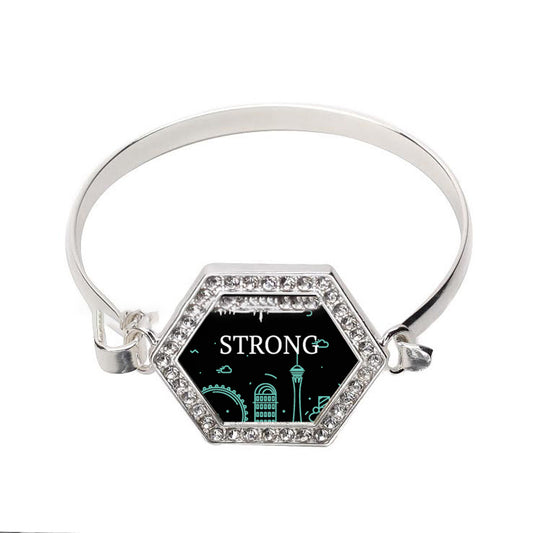 Silver Vegas Strong - Neon Cityscape Hexagon Charm Bangle Bracelet