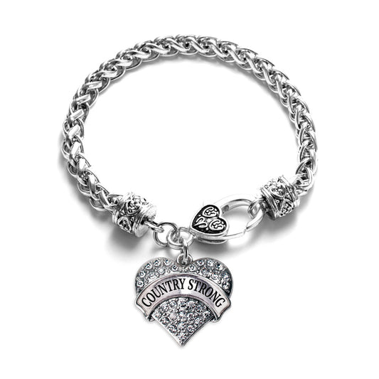 Silver Country Strong Pave Heart Charm Braided Bracelet