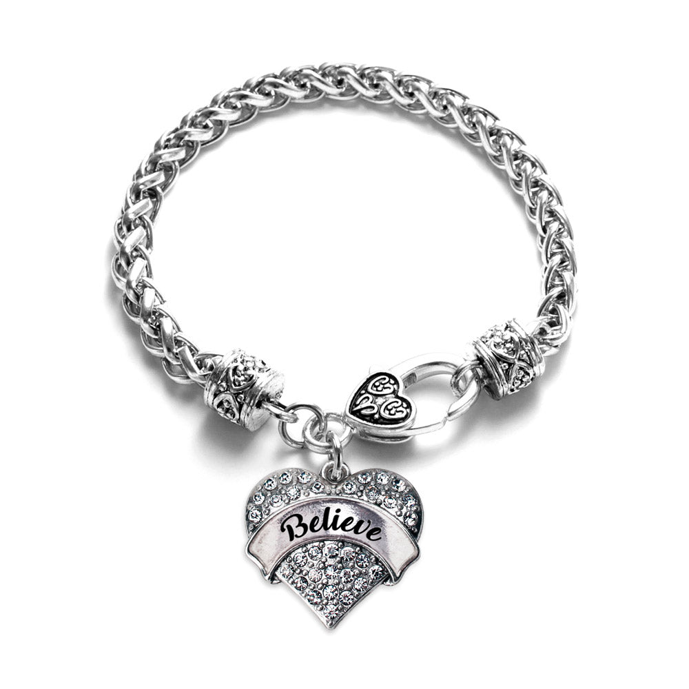 Silver Believe Pave Heart Charm Braided Bracelet