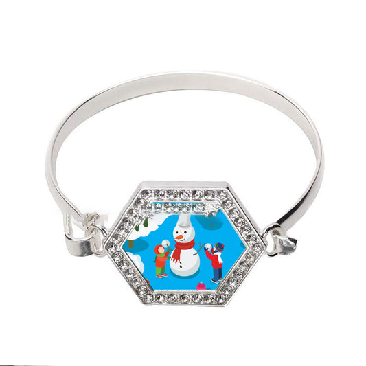 Silver Build A Snowman Hexagon Charm Bangle Bracelet