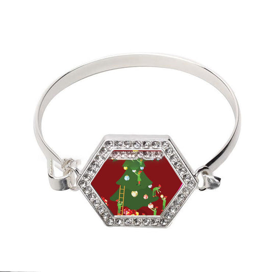 Silver Elves and the Christmas Tree Hexagon Charm Bangle Bracelet