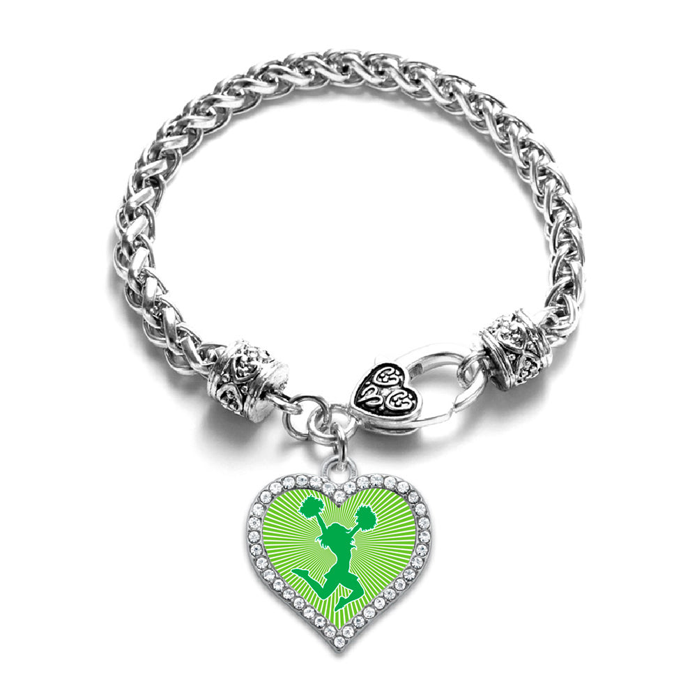 Silver Cheerleader - Green Open Heart Charm Braided Bracelet