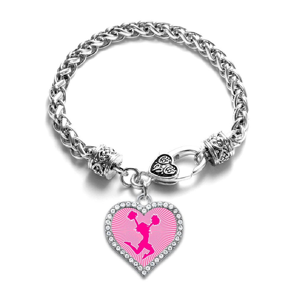 Silver Cheerleader - Pink Open Heart Charm Braided Bracelet
