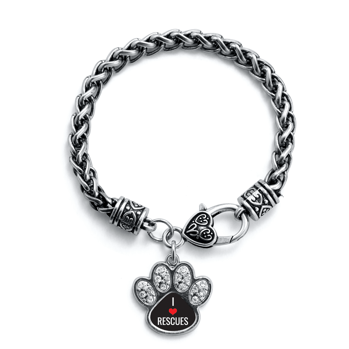 Silver I Heart Rescues Pave Paw Charm Braided Bracelet