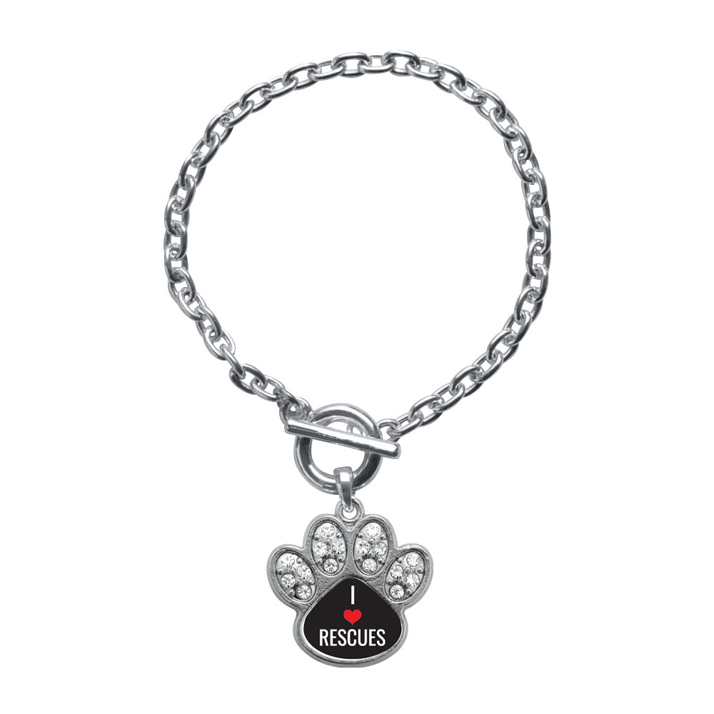 Silver I Heart Rescues Pave Paw Charm Toggle Bracelet