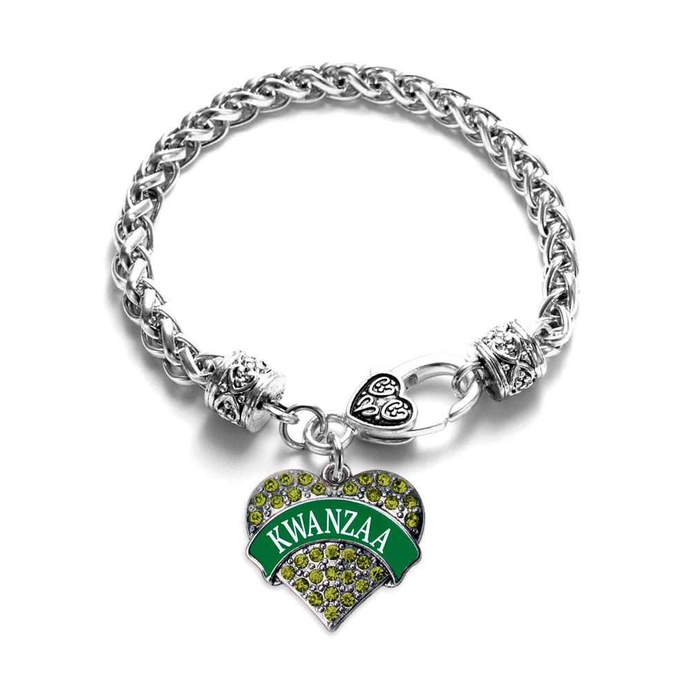 Silver Green Kwanzaa Green Pave Heart Charm Braided Bracelet