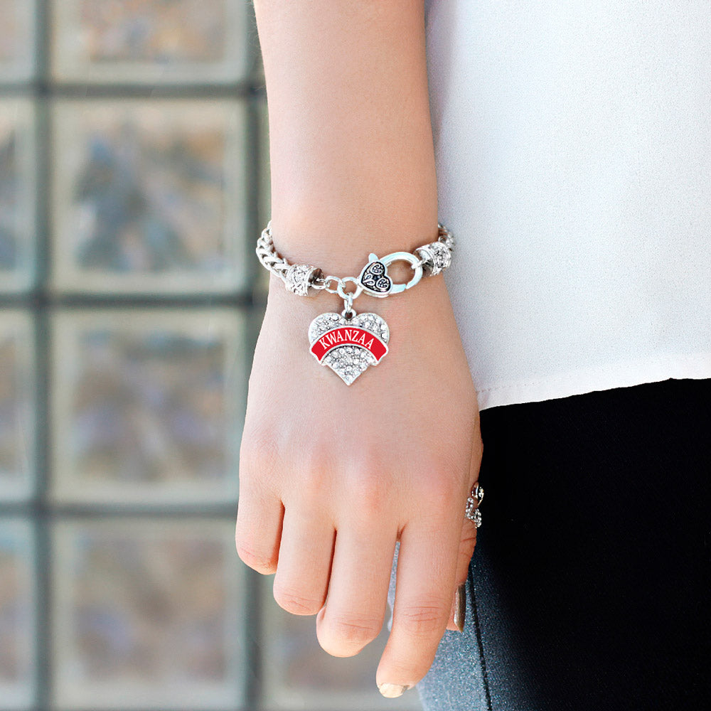 Silver Red Kwanzaa Red Pave Heart Charm Braided Bracelet