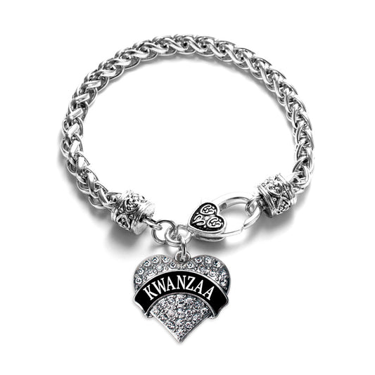 Silver Black Kwanzaa Pave Heart Charm Braided Bracelet