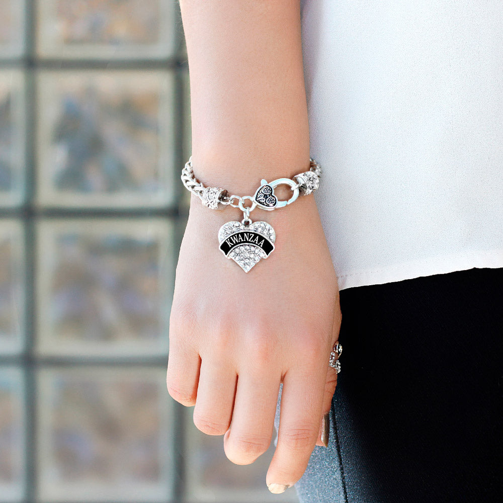 Silver Black Kwanzaa Pave Heart Charm Braided Bracelet