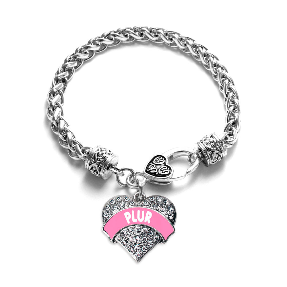 Silver Pink PLUR Pave Heart Charm Braided Bracelet