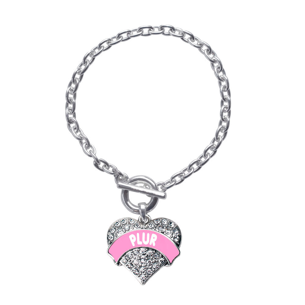 Silver Pink PLUR Pave Heart Charm Toggle Bracelet