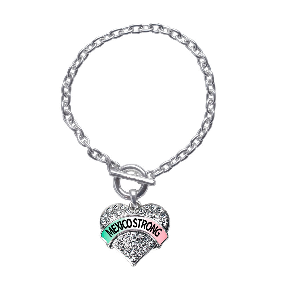 Silver Mexico Strong Pave Heart Charm Toggle Bracelet