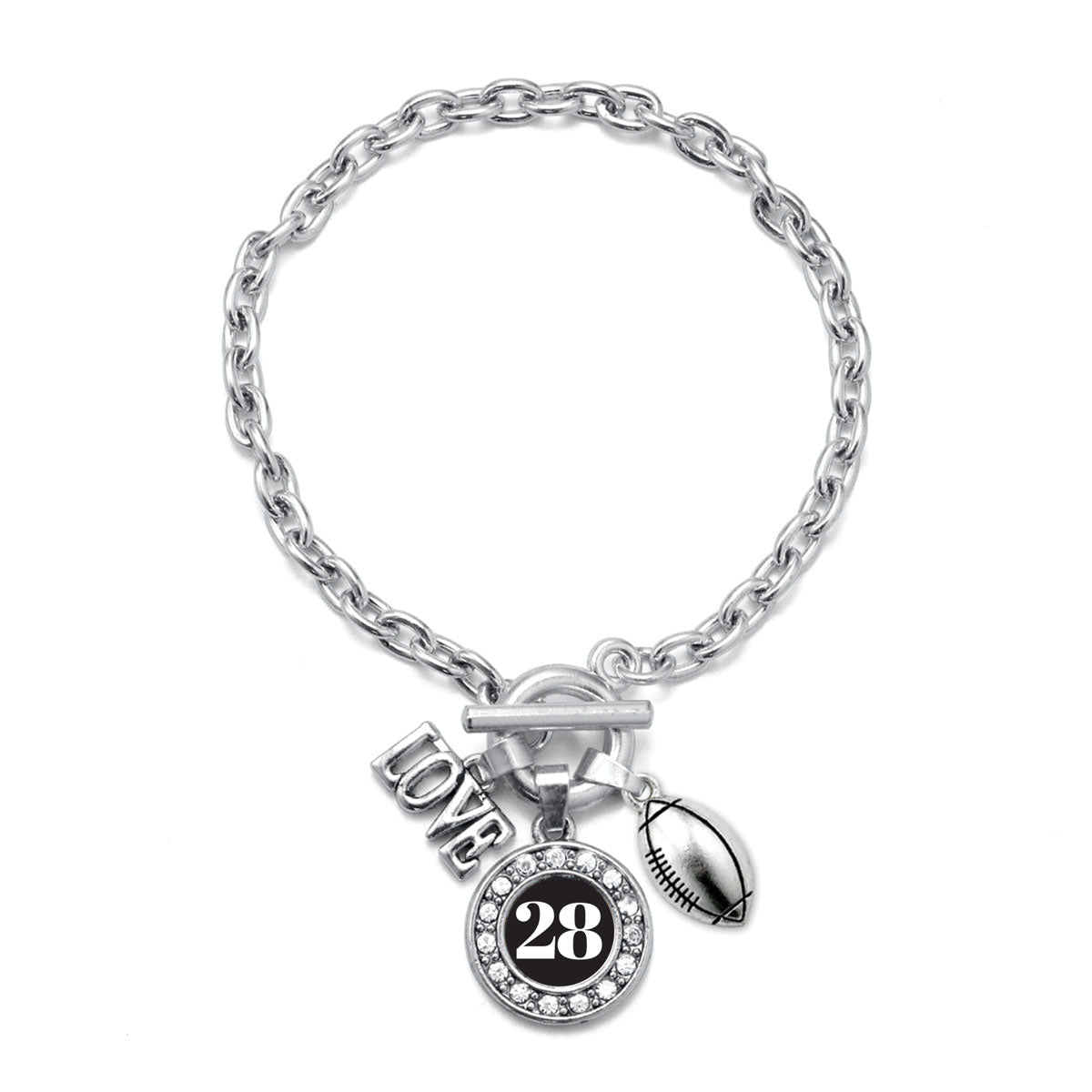 Silver Football - Sports Number 28 Circle Charm Toggle Bracelet