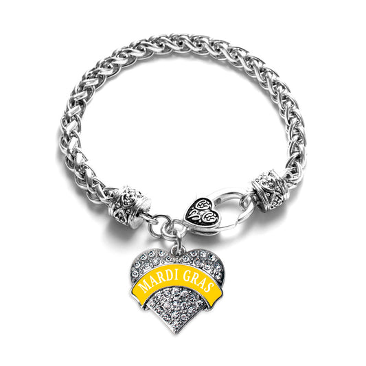 Silver Yellow Mardi Gras Pave Heart Charm Braided Bracelet