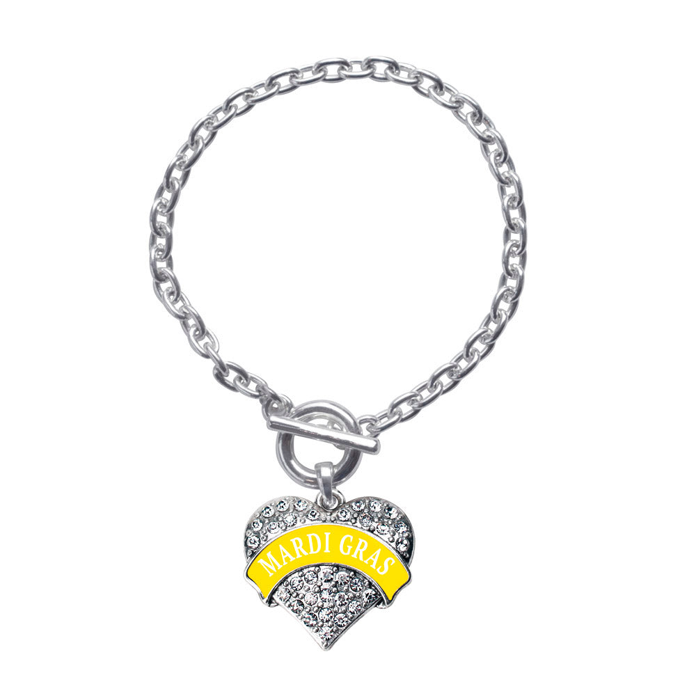 Silver Yellow Mardi Gras Pave Heart Charm Toggle Bracelet